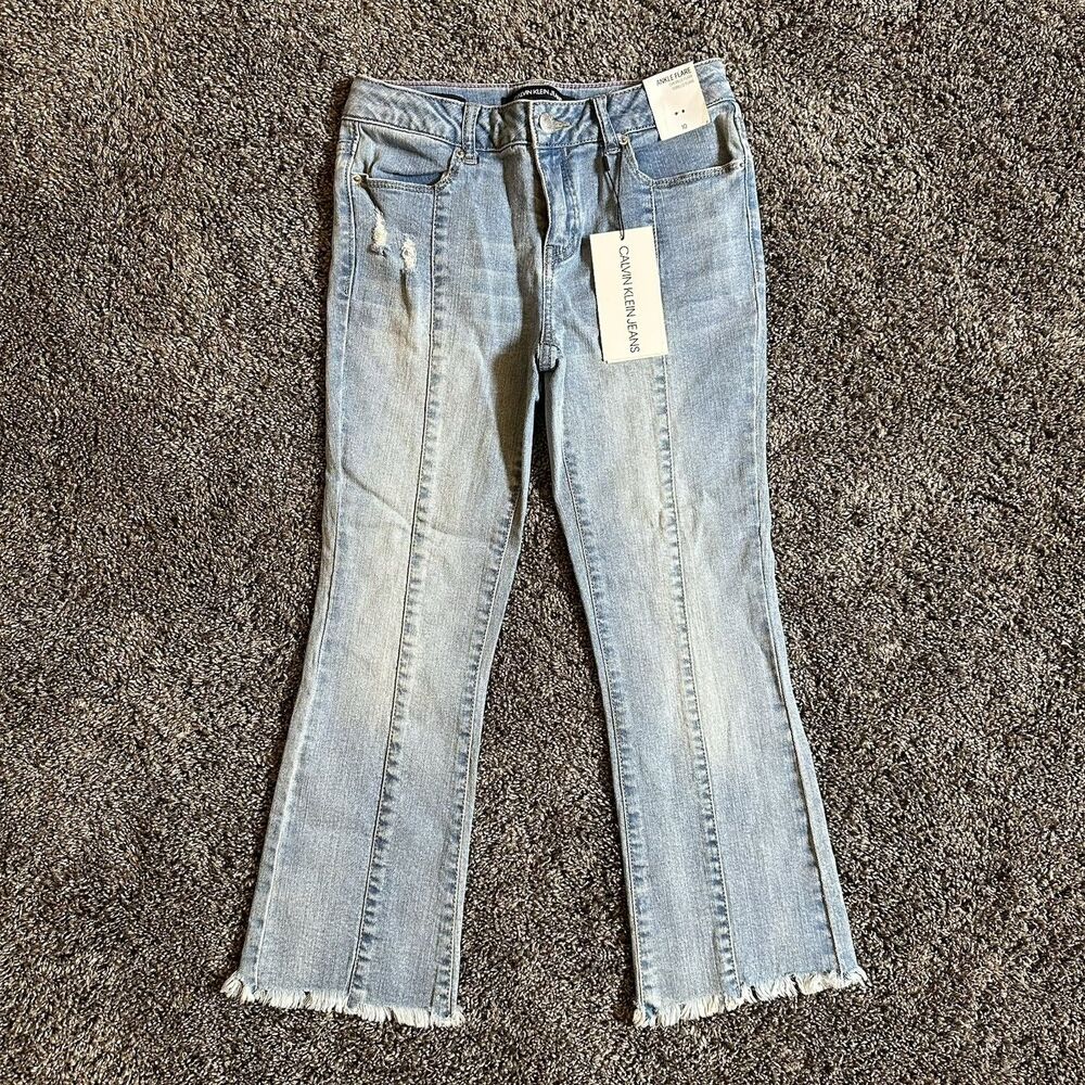 Calvin Klein Jeans Ankle Flare Girls Size 10 Fringe Raw Bottoms Stretch NWT